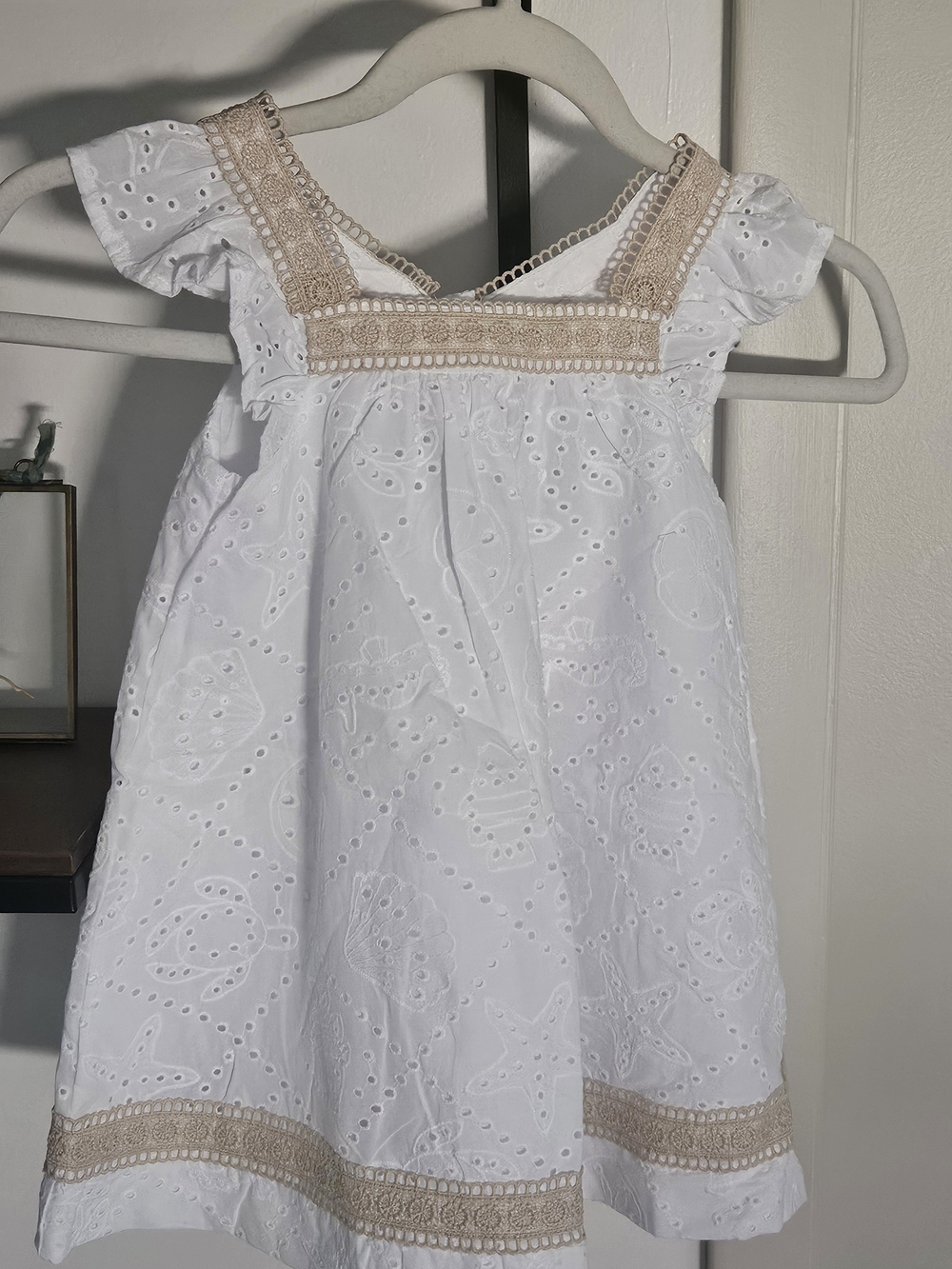 cupcakes & cashmere White Eyelet Dress with Beige Crochet Trim